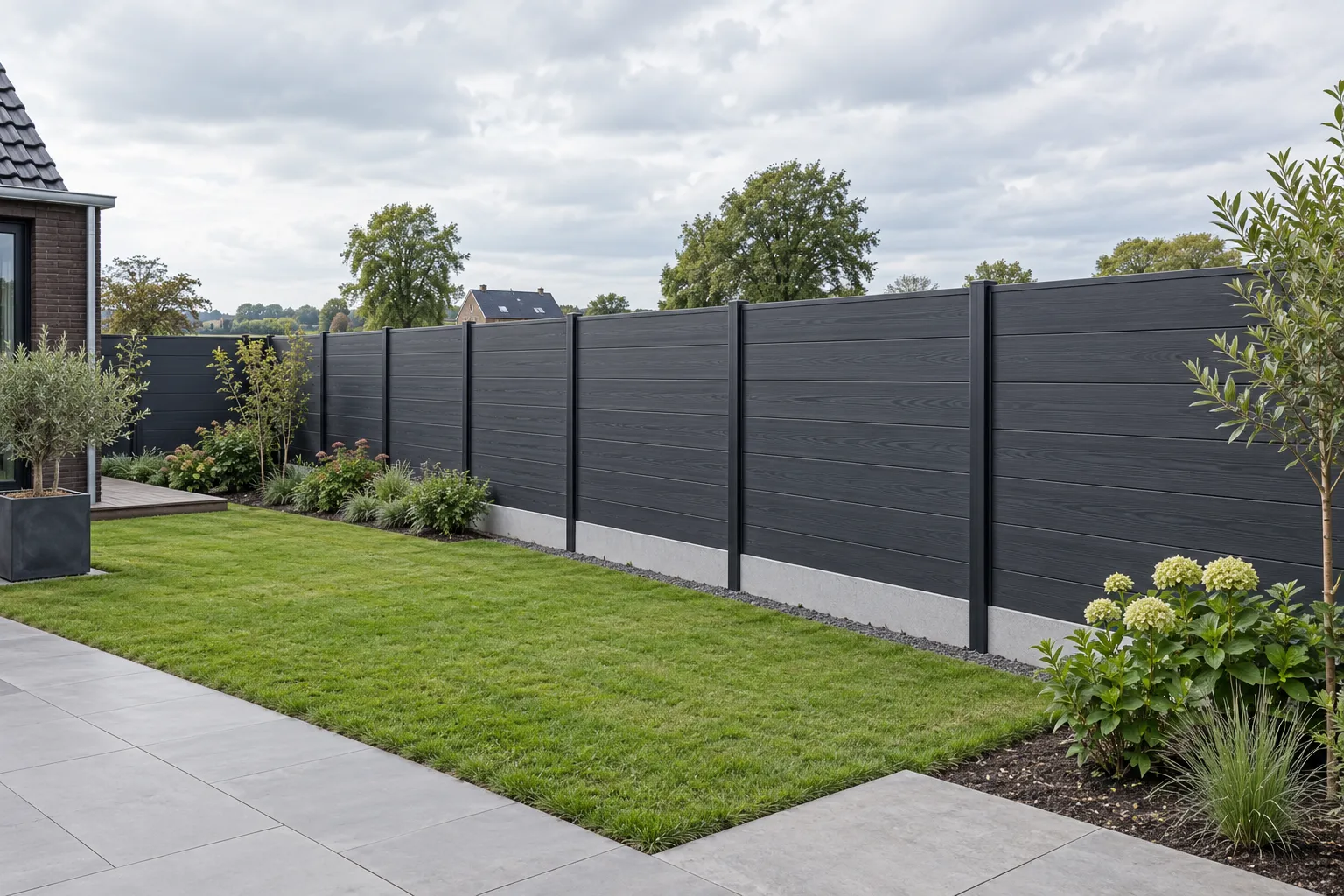 Antraciet composiet schutting met betonnen onderplaat