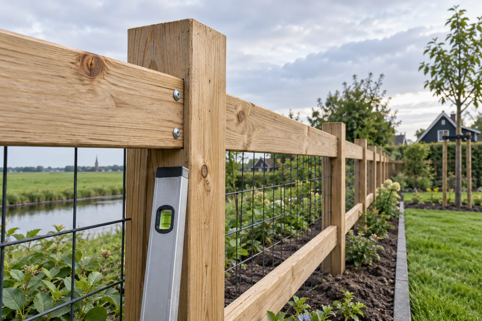 Landelijke houten afrastering met gaas, waterpas gezet